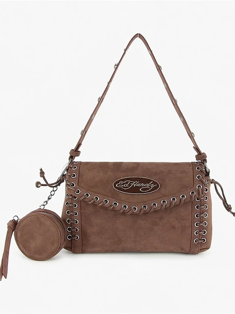 Ed Hardy Brown Suede Shoulder Bag with Coin Pouch and Grommet Detail
